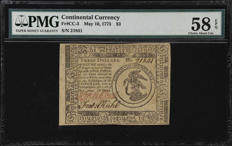 CC-3. Continental Currency. May 10, 1775. $3. PMG Choice About Uncirculated 58 E...