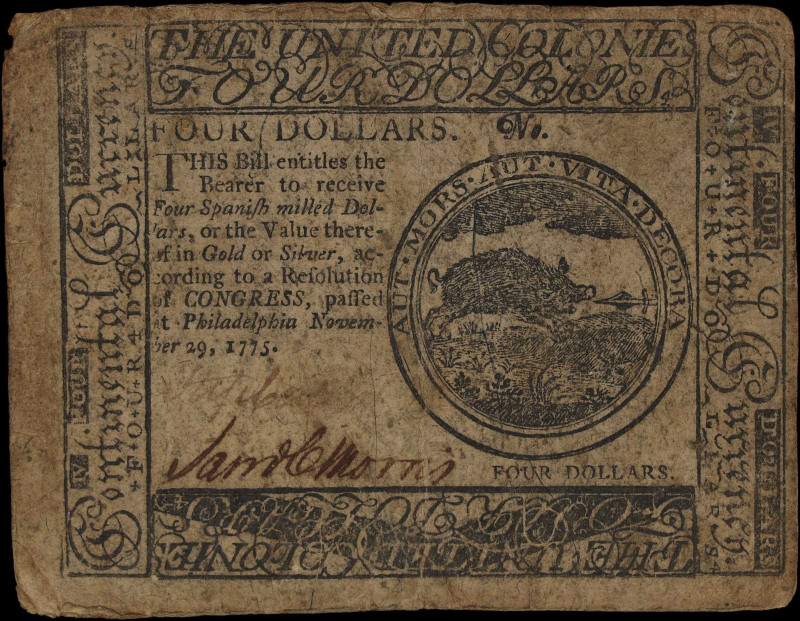 CC-14. Continental Currency. November 29, 1775. $4. Fine.

A weathered issue t...