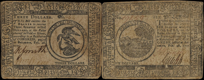 Lot of (2) CC-56 & CC-59. Continental Currency. February 26, 1777. $3 & $6. Very...