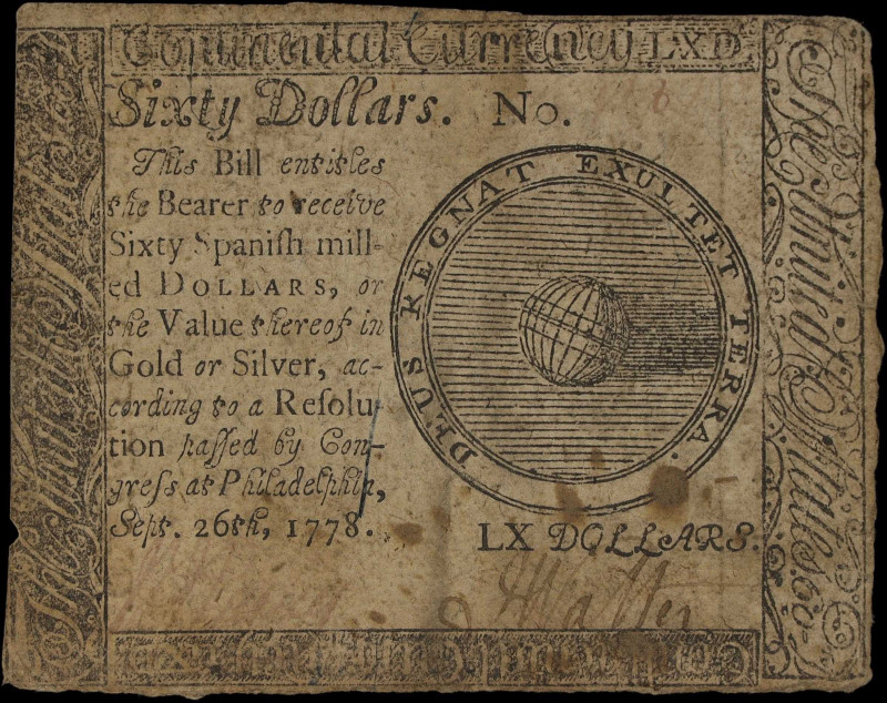 CC-86. Continental Currency. September 26, 1778. $60. Fine.

No. Unknown. A ev...