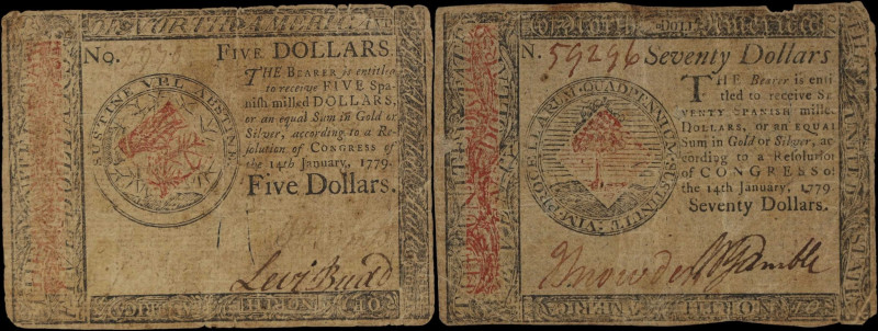 Lot of (2) CC-91 & CC-101. Continental Currency. January 14, 1779. $5 & $70. Fin...