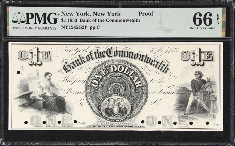 New York, New York. Bank of the Commonwealth. 1853 $1. PMG Gem Uncirculated 66 E...