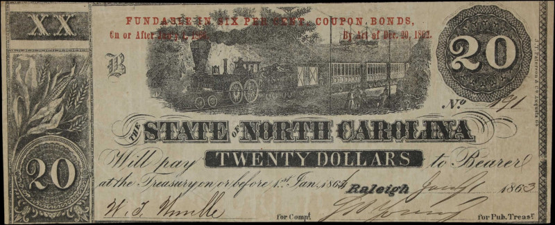 Raleigh, North Carolina. State of North Carolina. 1863 $20. Very Fine.

Featur...