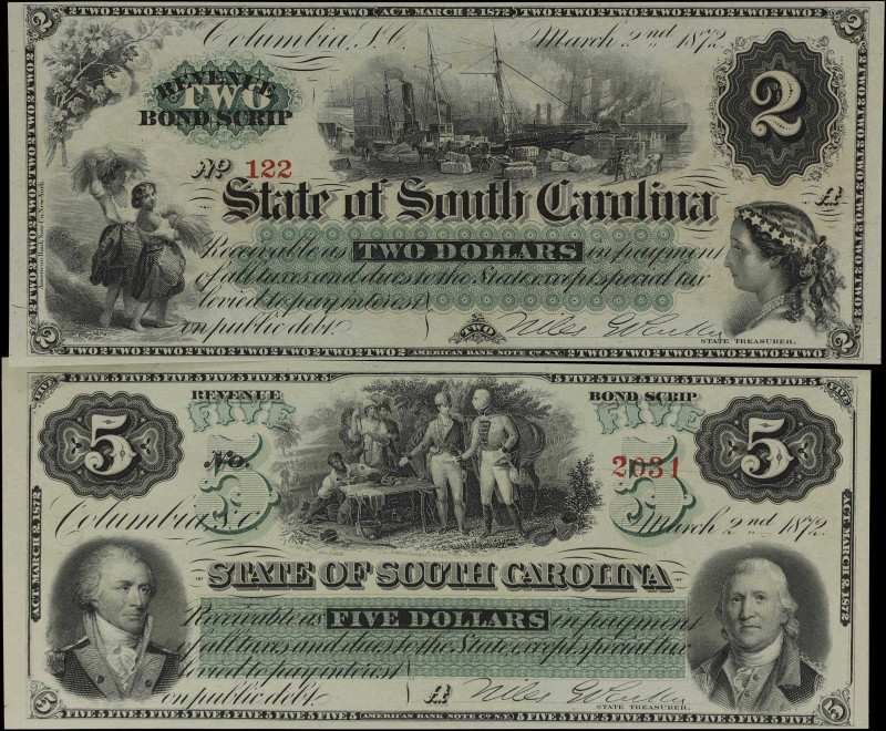 Lot of (2) Columbia, South Carolina. State of South Carolina. 1872 $2 & $5. Choi...