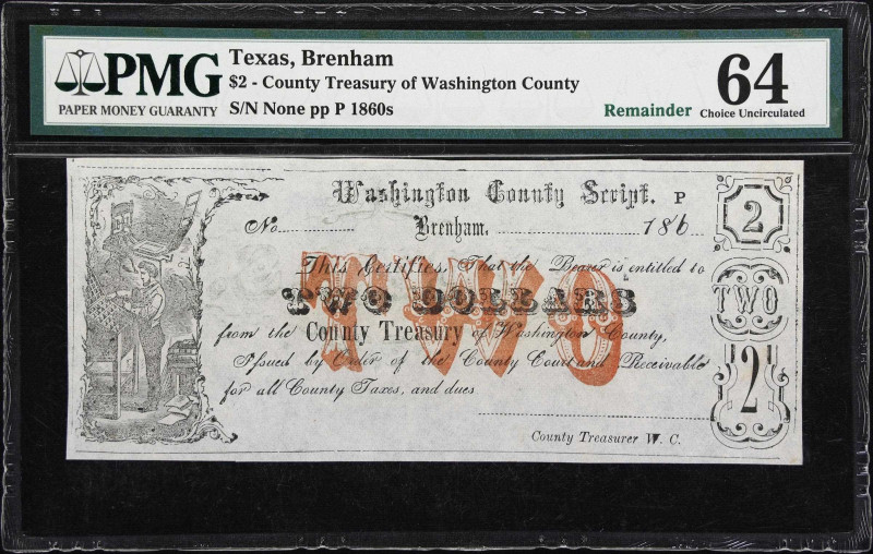 Brenham, Texas. County Treasury of Washington County. 186x $2. PMG Choice Uncirc...