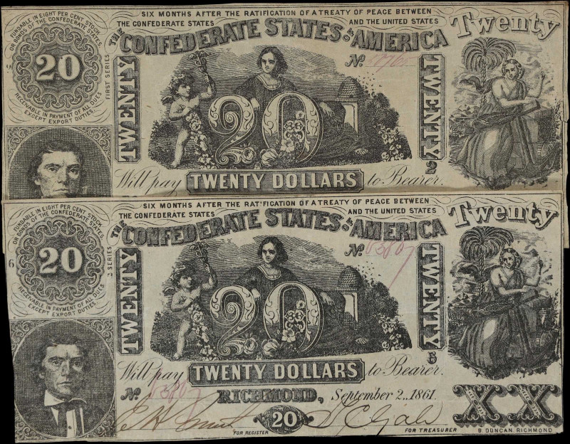 Lot of (2) T-20. Confederate Currency. 1861 $20. Very Fine.

A pair of early C...