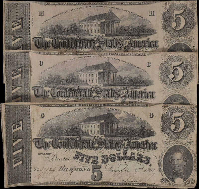 Lot of (3) T-53. Confederate Currency. 1862 $5. Very Fine.

A lot of approxima...