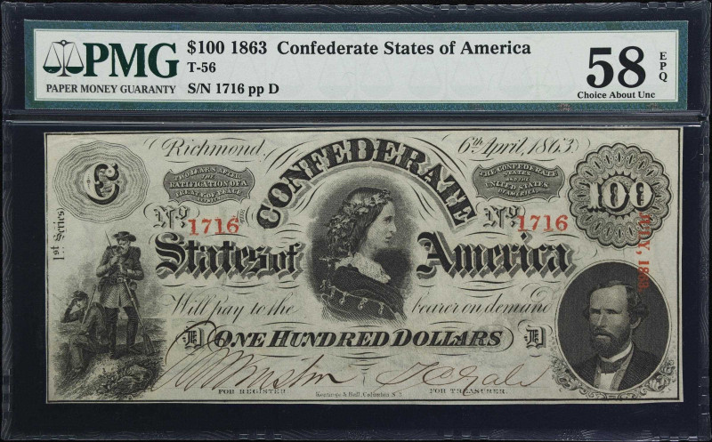 T-56. Confederate Currency. 1863 $100. PMG Choice About Uncirculated 58 EPQ.

...