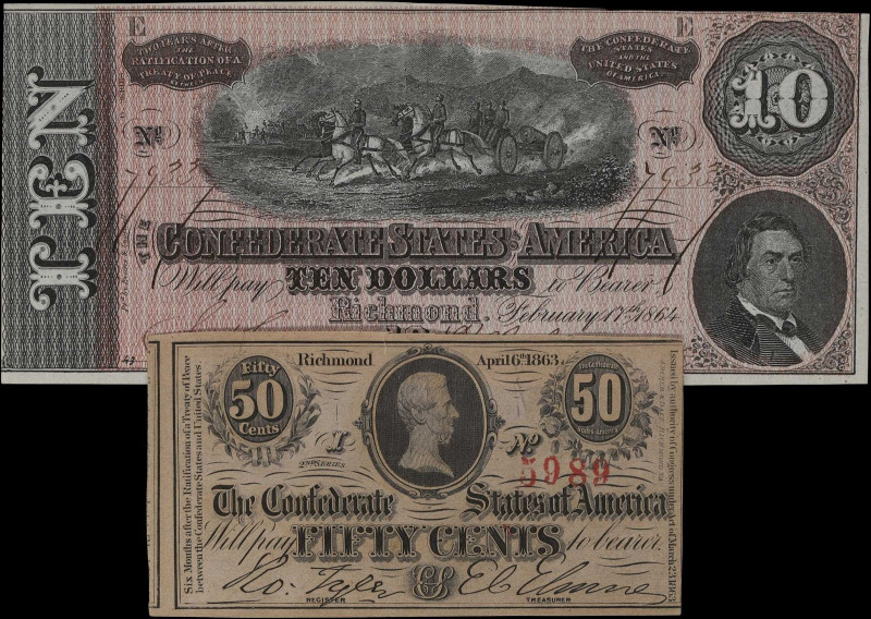 Lot of (2) T-63 & T-68. Confederate Currency. 1863-64 50 Cents & $10. Choice Unc...