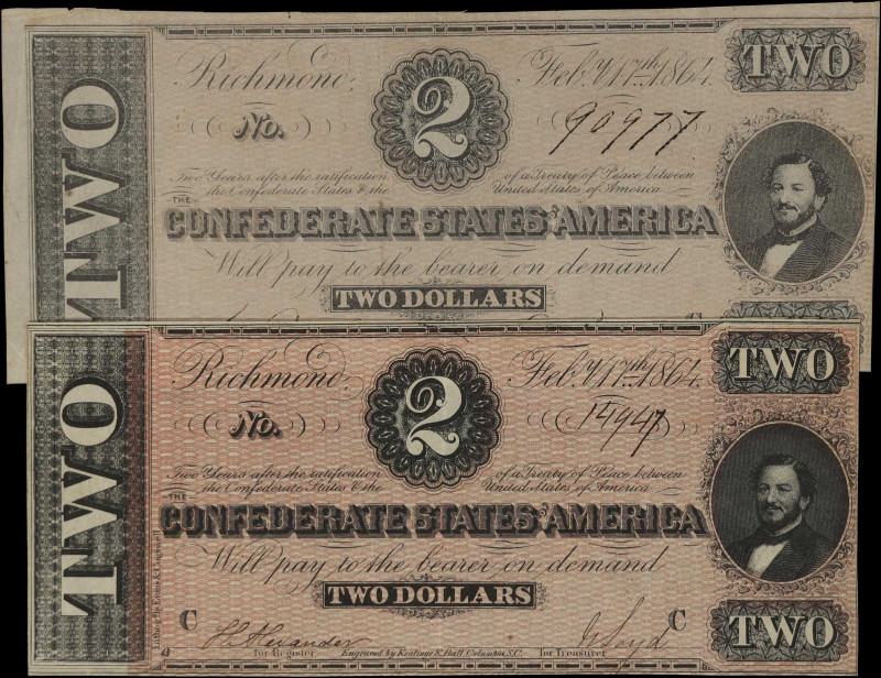 Lot of (2) T-70. Confederate Currency. 1864 $2. Very Fine.

A pair of attracti...