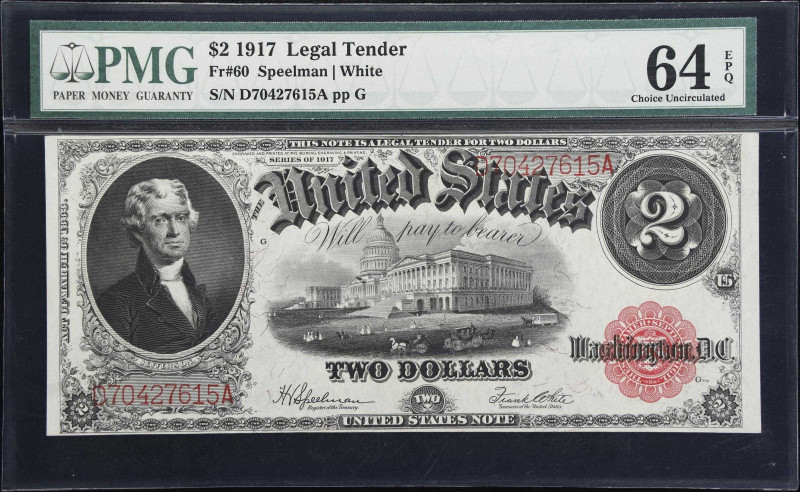 Fr. 60. 1917 $2 Legal Tender Note. PMG Choice Uncirculated 64 EPQ.

A lovely e...