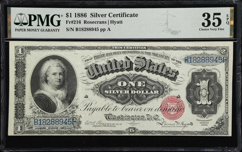 Fr. 216. 1886 $1 Silver Certificate. PMG Choice Very Fine 35 EPQ.

A beautiful...