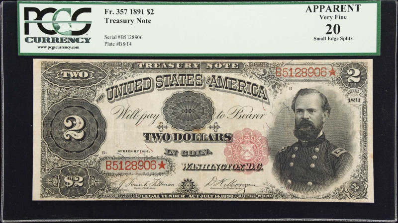 Fr. 357. 1891 $2 Treasury Note. PMG Very Fine 20 Apparent. Small Edge Splits.
...