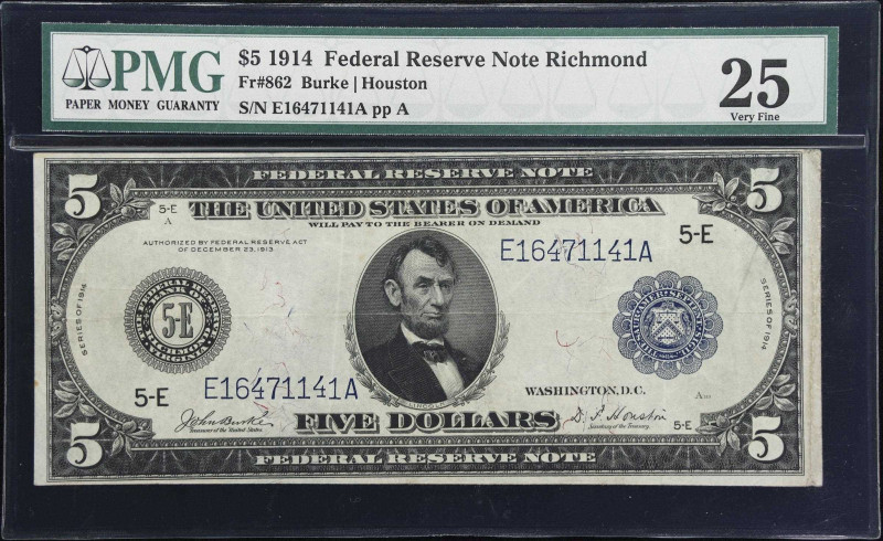 Fr. 862. 1914 $5 Federal Reserve Note. Richmond. PMG Very Fine 25.

A lovely m...