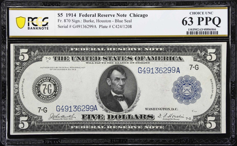 Fr. 870. 1914 $5 Federal Reserve Note. Chicago. PCGS Banknote Choice Uncirculate...