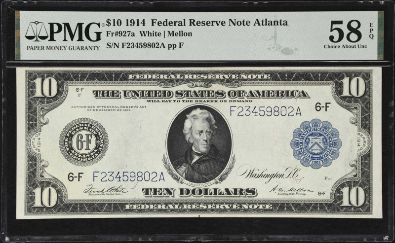 Fr. 927a. 1914 $10 Federal Reserve Note. Atlanta. PMG Choice About Uncirculated ...