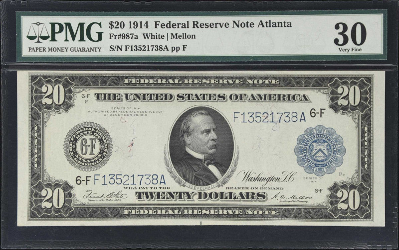 Fr. 987a. 1914 $20 Federal Reserve Note. Atlanta. PMG Very Fine 30.

An evenly...