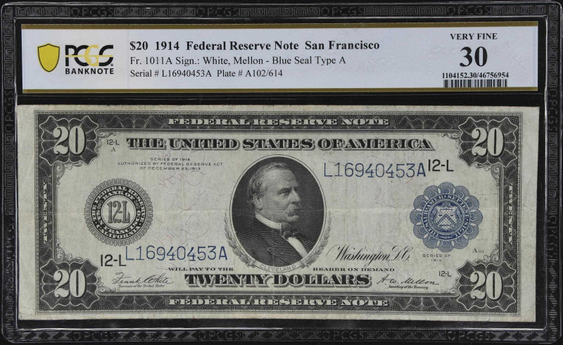 Fr. 1011a. 1914 $20 Federal Reserve Note. San Francisco. PCGS Banknote Very Fine...