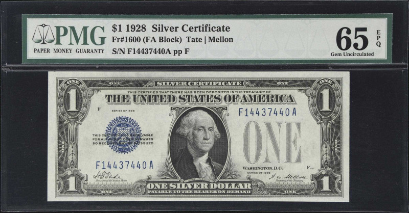 Fr. 1600. 1928 $1 Silver Certificate. PMG Gem Uncirculated 65 EPQ.

A nice and...