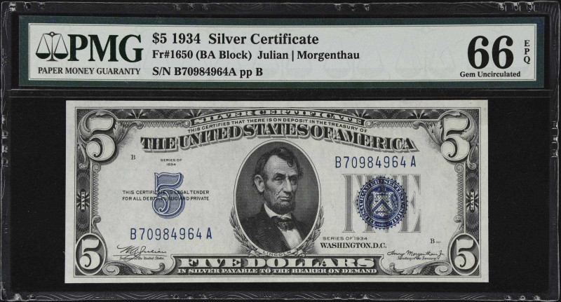 Fr. 1650. 1934 $5 Silver Certificate. PMG Gem Uncirculated 66 EPQ.

A bright e...