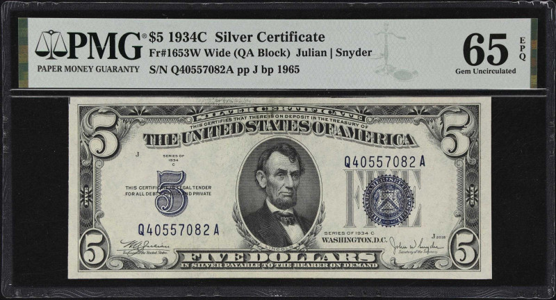 Fr. 1653W. 1934C $5 Silver Certificate. PMG Gem Uncirculated 65 EPQ. Wide.

A ...