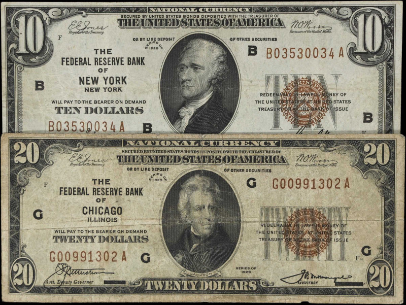 Lot of (2) Fr. 1860-B & 1870-G. 1929 $10 & $20 Federal Reserve Bank Note. New Yo...