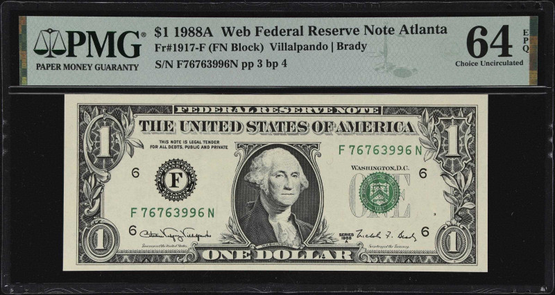 Fr. 1917-F. 1988A $1. Web Federal Reserve Note. Atlanta. PMG Choice Uncirculated...