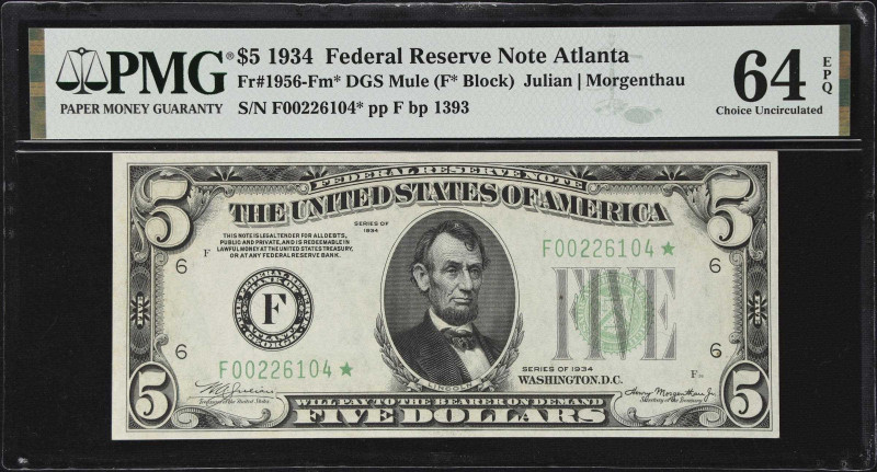 Fr. 1956-Fm*. 1934 Dark Green Seal $5 Federal Reserve Mule Star Note. Atlanta. P...