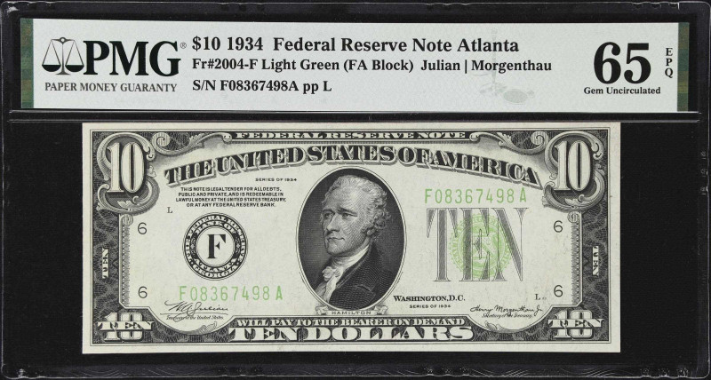 Fr. 2004-F. 1934 Light Green Seal $10 Federal Reserve Note. Atlanta. PMG Gem Unc...