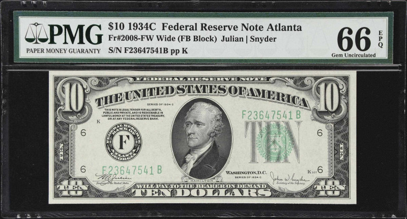 Fr. 2008-FW. 1934C $10 Federal Reserve Note. Atlanta. PMG Gem Uncirculated 66 EP...