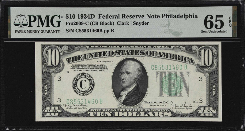 Fr. 2009-C. 1934D $10 Federal Reserve Note. Philadelphia. PMG Gem Uncirculated 6...