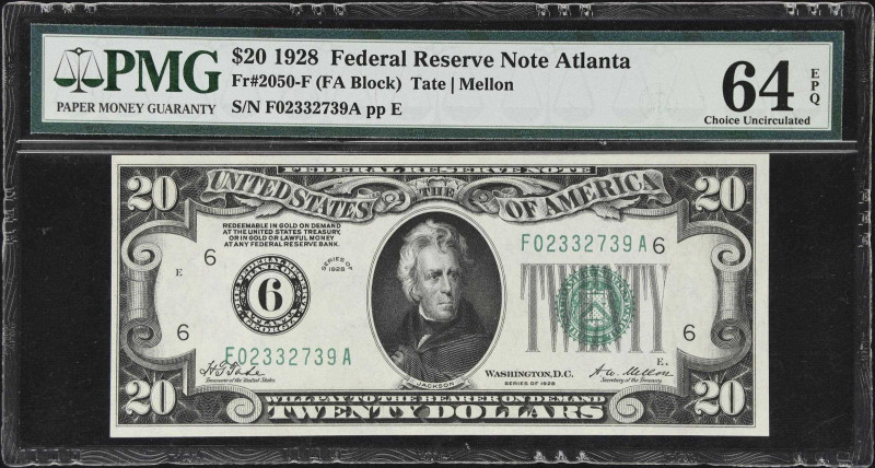 Fr. 2050-F. 1928 $20 Federal Reserve Note. Atlanta. PMG Choice Uncirculated 64 E...