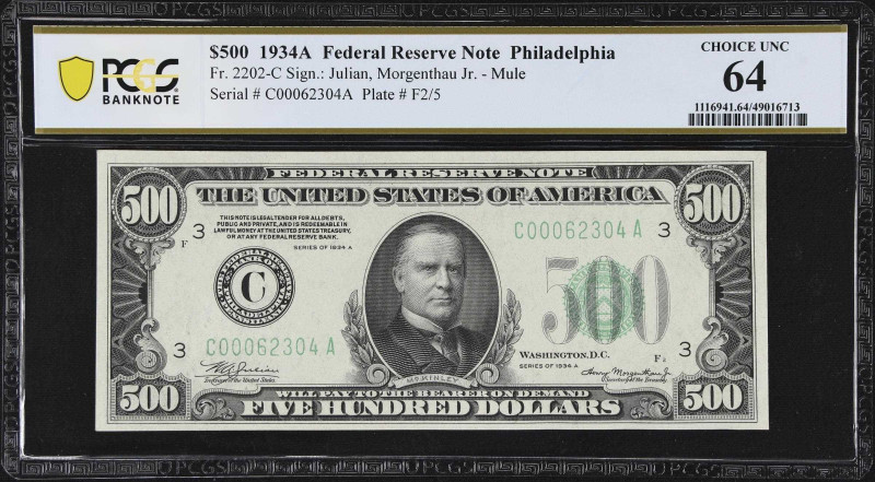 Fr. 2202-C. 1934A $500 Federal Reserve Mule Note. Philadelphia. PCGS Banknote Ch...