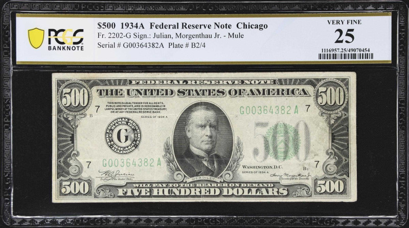 Fr. 2202-G. 1934A $500 Federal Reserve Mule Note. Chicago. PCGS Banknote Very Fi...