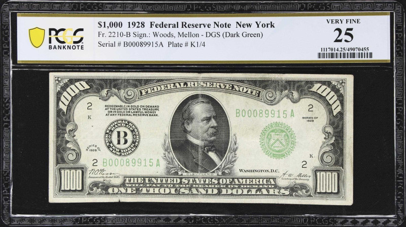 Fr. 2210-B. 1928 Dark Green Seal $1,000 Federal Reserve Note. New York. PCGS Ban...