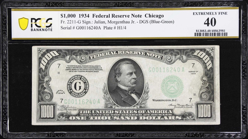 Fr. 2211-G. 1934 Dark Green Seal $1000 Federal Reserve Note. Chicago. PCGS Bankn...