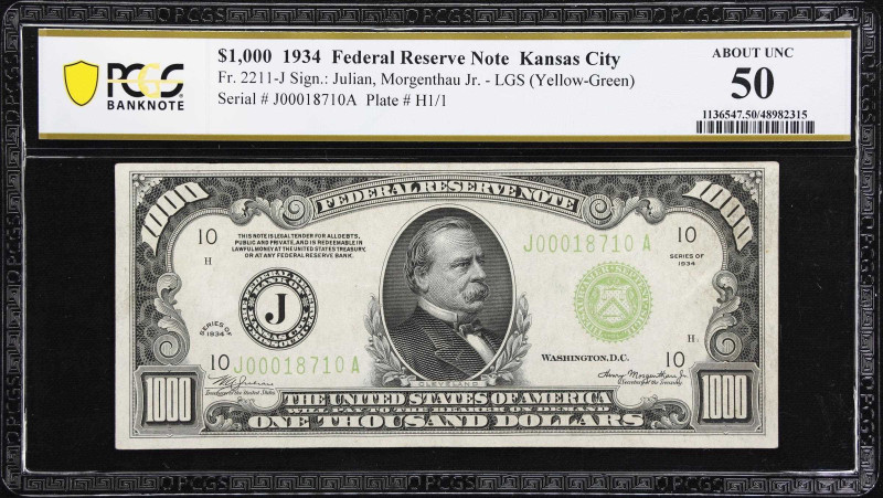 Fr. 2211-J. 1934 Light Green Seal $1000 Federal Reserve Note. Kansas City. PCGS ...