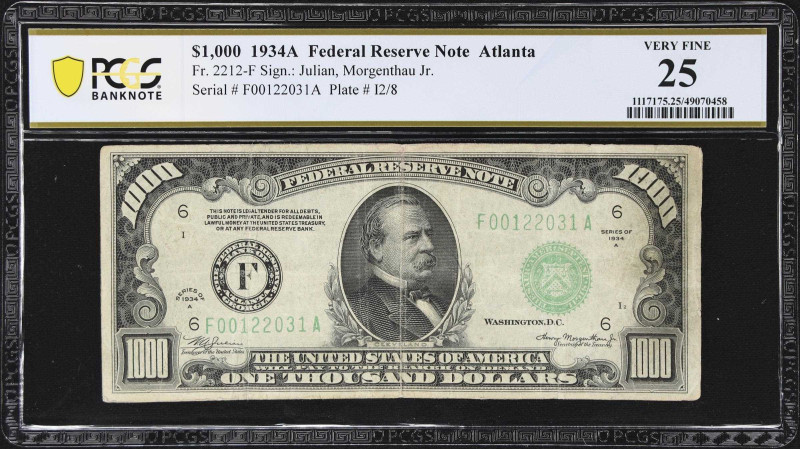 Fr. 2212-F. 1934A $1,000 Federal Reserve Note. Atlanta. PCGS Banknote Very Fine ...