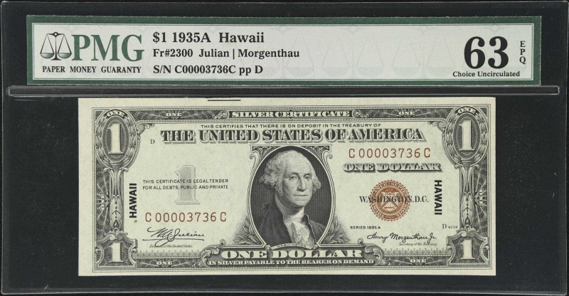 Fr. 2300. 1935A $1 Hawaii Emergency Note. PMG Choice Uncirculated 63 EPQ.

An ...