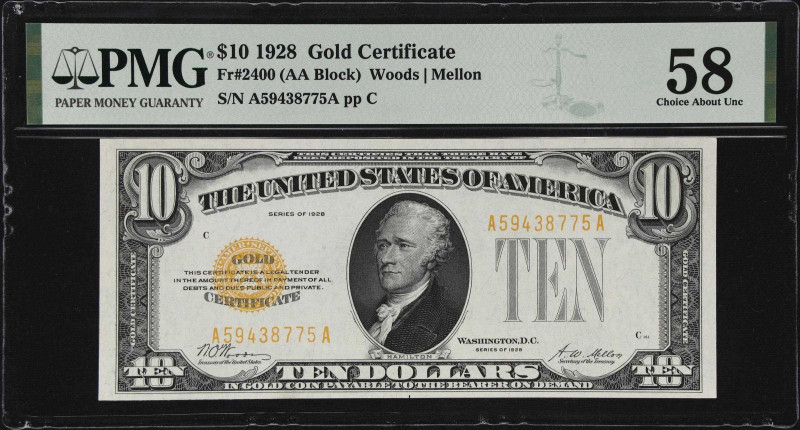 Fr. 2400. 1928 $10 Gold Certificate. PMG Choice About Uncirculated 58.

A brig...