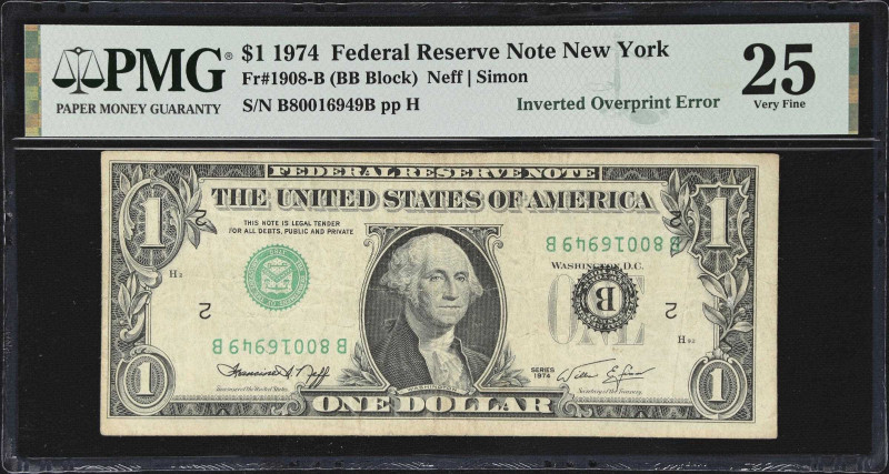 Fr. 1908-B. 1974 $1 Federal Reserve Note. New York. PMG Very Fine 25. Inverted O...