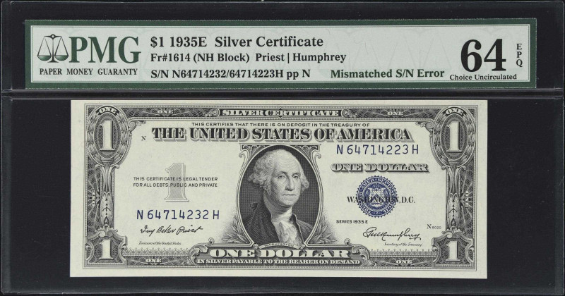 Fr. 1614. 1935E $1 Silver Certificate. PMG Choice Uncirculated 64 EPQ. Mismatche...