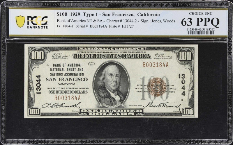 San Francisco, California. $100 1929 Ty. 1. Fr. 1804-1. Bank of America National...