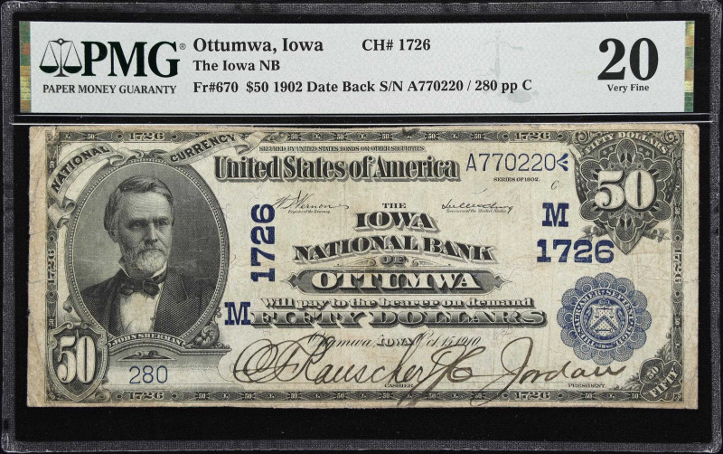 Ottumwa, Iowa. $50 1902 Date Back. Fr. 670. The Iowa NB. Charter #1726. PMG Very...