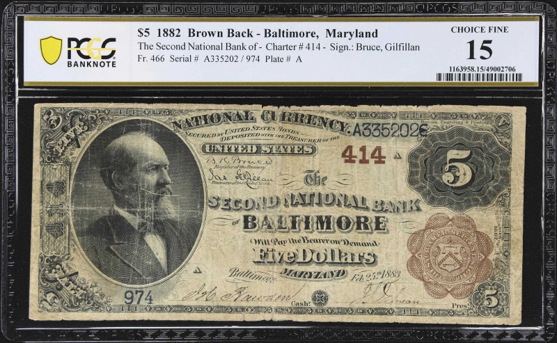 Baltimore, Maryland. $5 1882 Brown Back. Fr. 466. The Second NB. Charter #414. P...