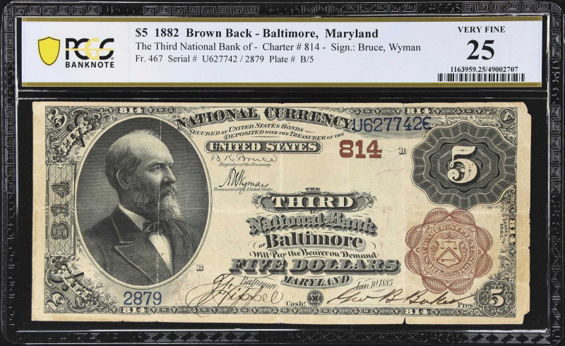 Baltimore, Maryland. $5 1882 Brown Back. Fr. 467. The Third NB. Charter #814. PC...