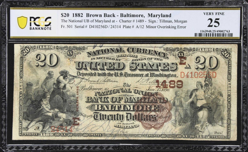 Baltimore, Maryland. $20 1882 Brown Back. Fr. 501. The National Union Bank of Ma...