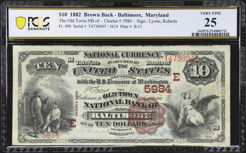 Baltimore, Maryland. $10 1882 Brown Back. Fr. 490. The Old Town NB. Charter #598...