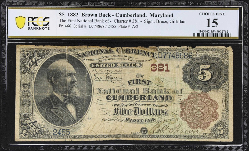 Cumberland, Maryland. $5 1882 Brown Back. Fr. 466. The First NB. Charter #381. P...