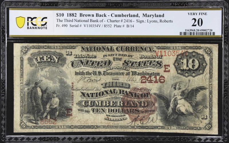 Cumberland, Maryland. $10 1882 Brown Back. Fr. 490. The Third NB. Charter #2416....